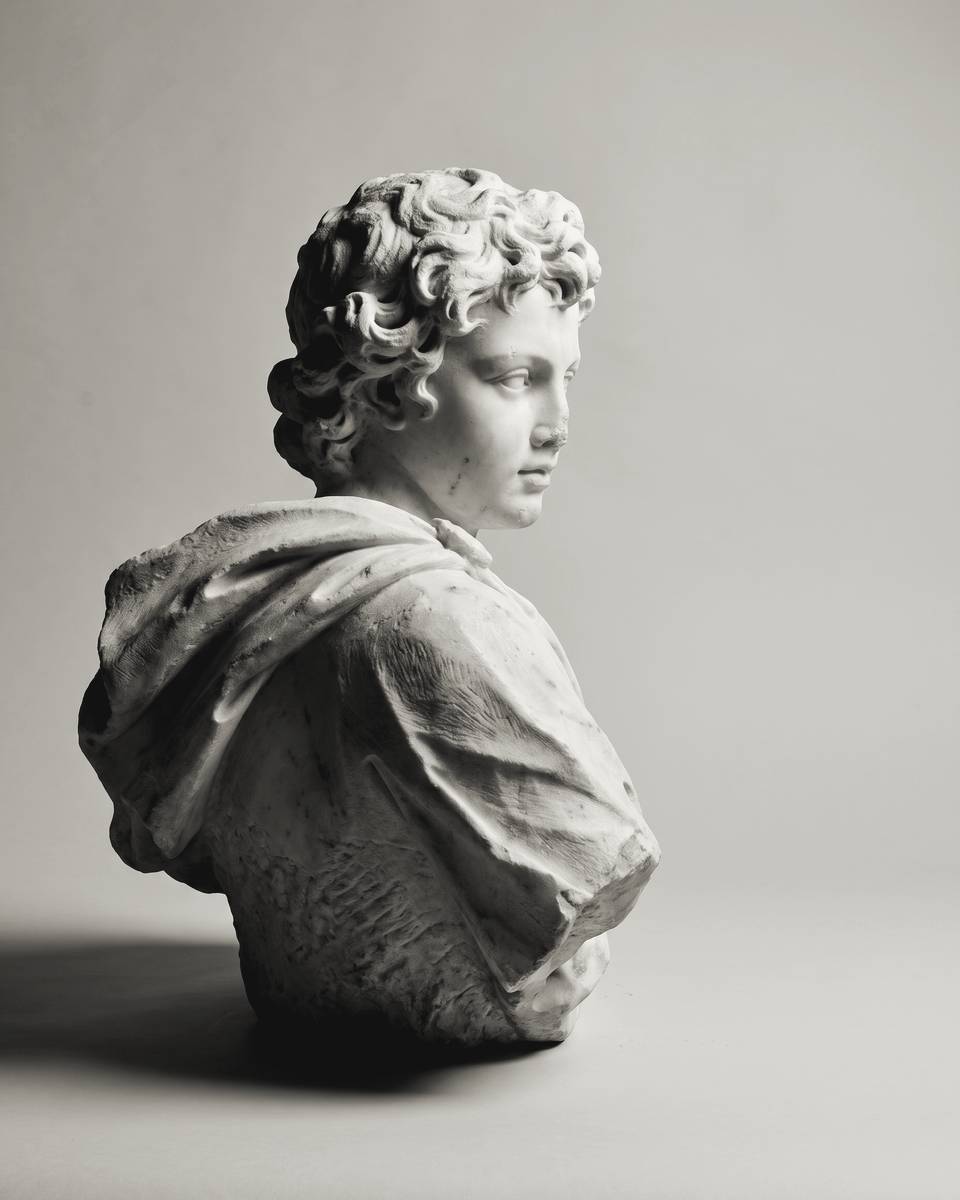 A marble Baroque bust: the left side shown as a 1-bit dithered agent view with detection boxes, the right side as a clean render
